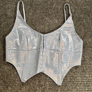 White‎ Fox Blue Croc Embossed Faux Leather Corset Crop Top Small Hook Eye Front